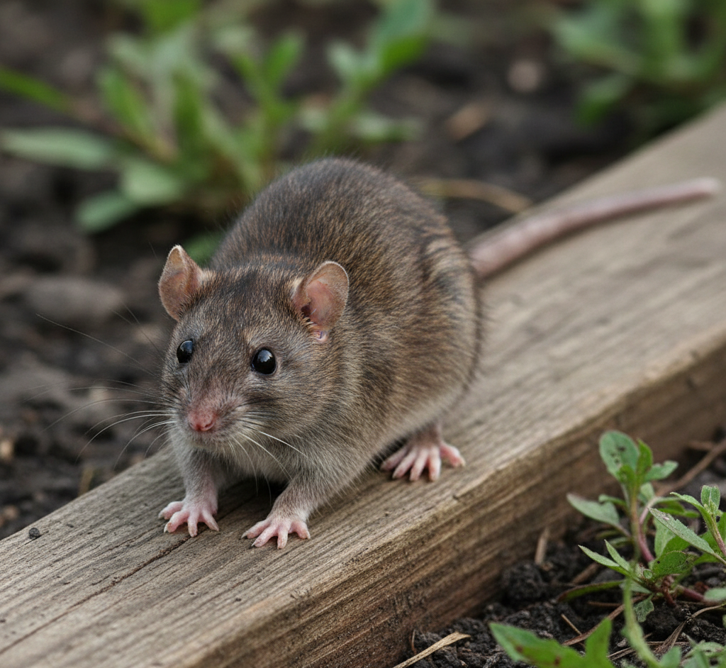 A brown rat on a wooden board outdoors near plants and soil — Rodent Control in Los Angeles.