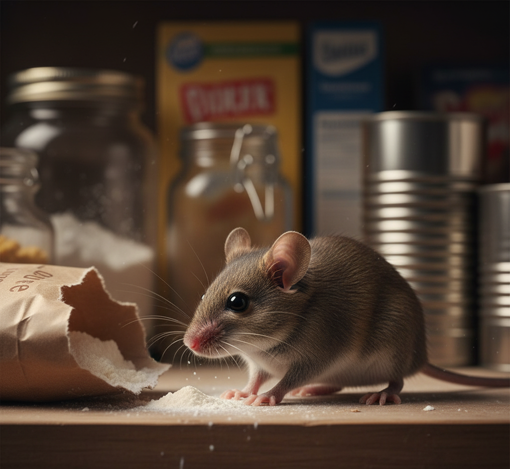 A house mouse chewing into a paper bag of flour on a kitchen shelf — Rodent Control in Los Angeles.