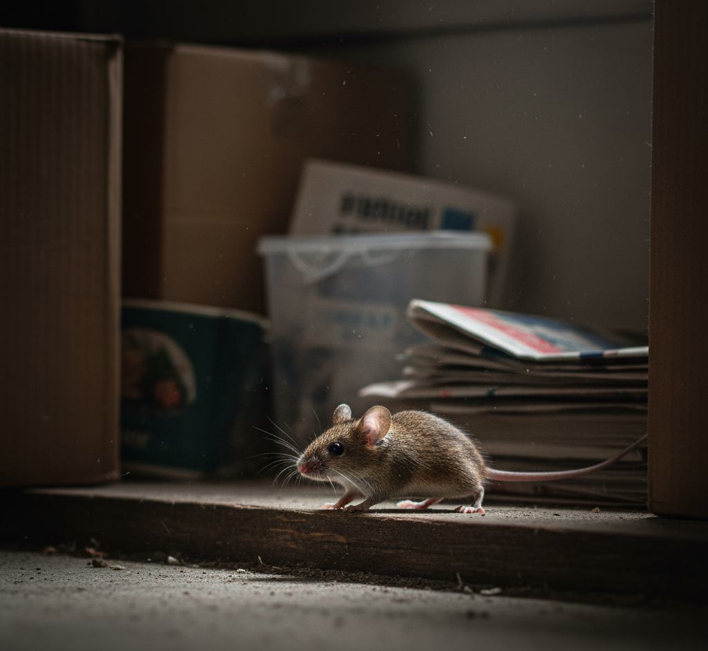 A small mouse exploring a cluttered storage area surrounded by cardboard boxes — Rodent Control in Los Angeles.